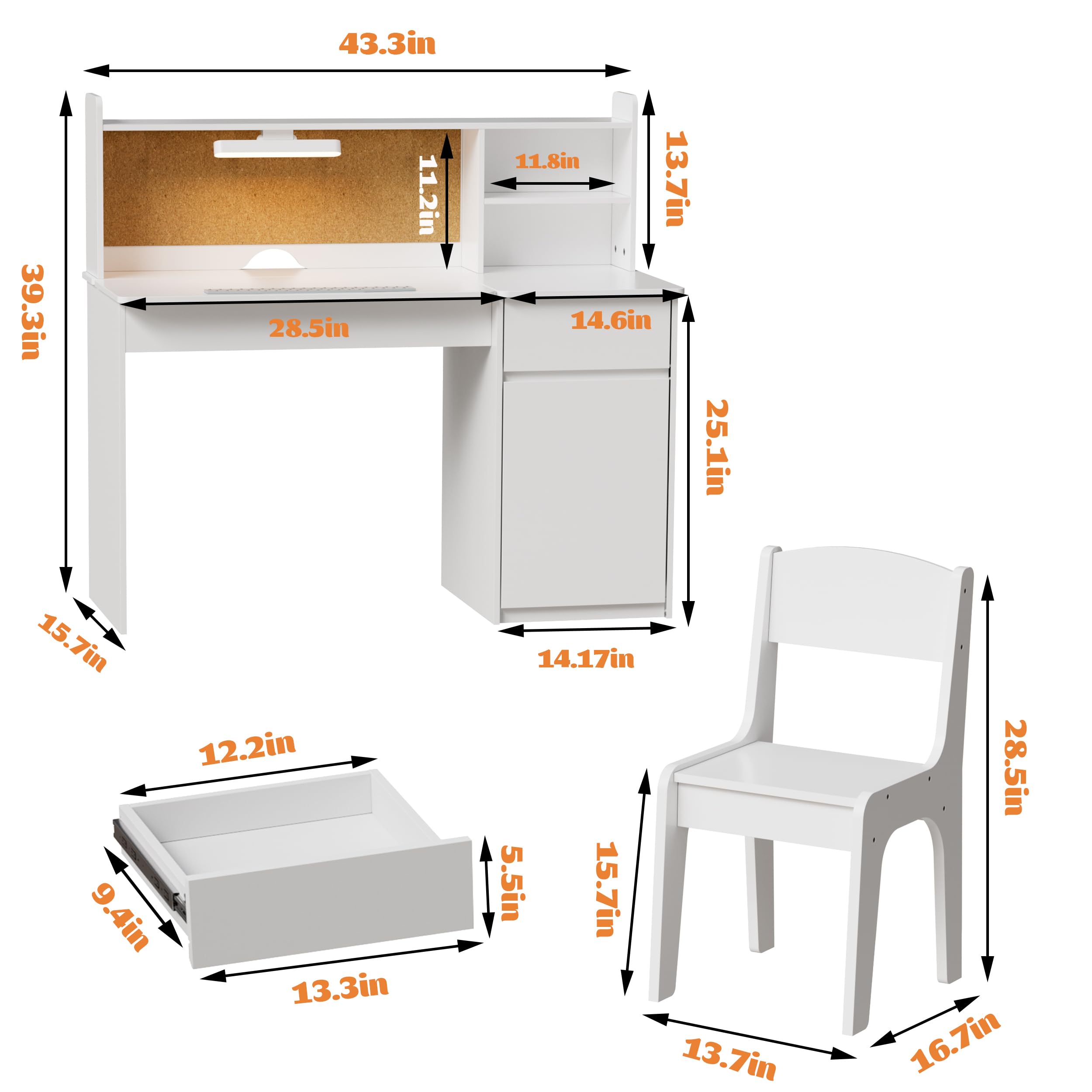 Desk and Chair Set,Children Study Table with 3-Color Lights,Tiltable Desktop,Multi Functional Wooden Table for Kids 5-12,Student Writing Desk with Hutch,Storage Cabinet for Bedroom