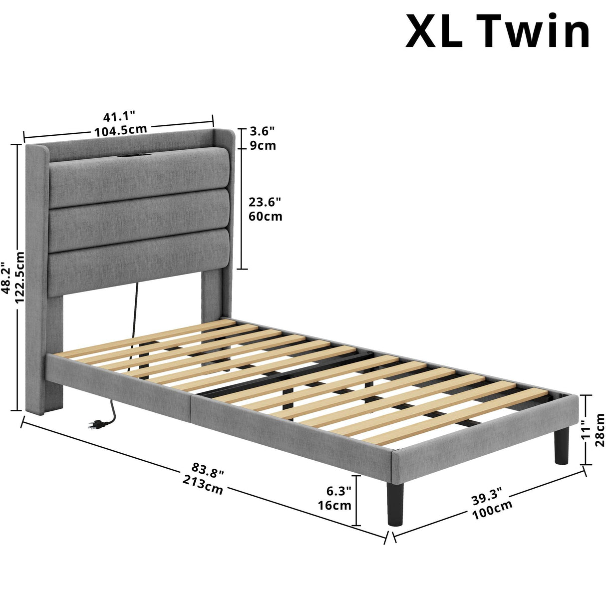 Twin XL Bed Frames, Storage Headboard with Outlets, Sturdy and Stable, No Noise, No