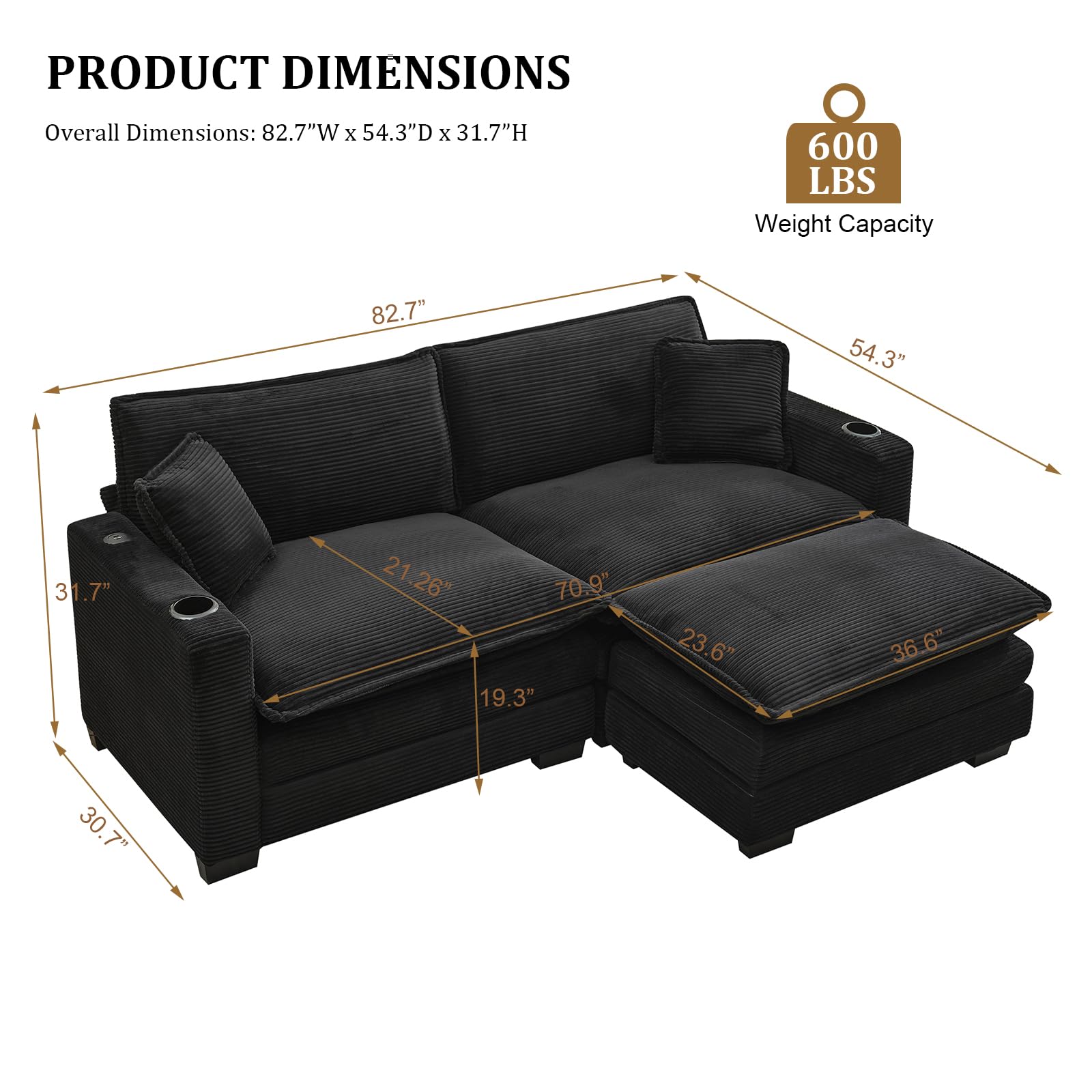 KIVENJAJA Corduroy Cloud Sectional Couch, Modular Oversized Loveseat Sofa with Ottoman, Cup Holders & USB Port, Comfy 2 Seater Love Seat for Living Room Small Space, 82.7”W, Black