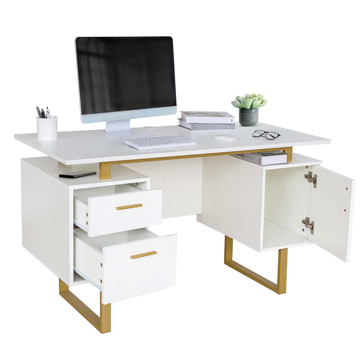 Storage Drawers and Cabinet 51.25” W-Modern Office Large Floating Desktop Surface Desk