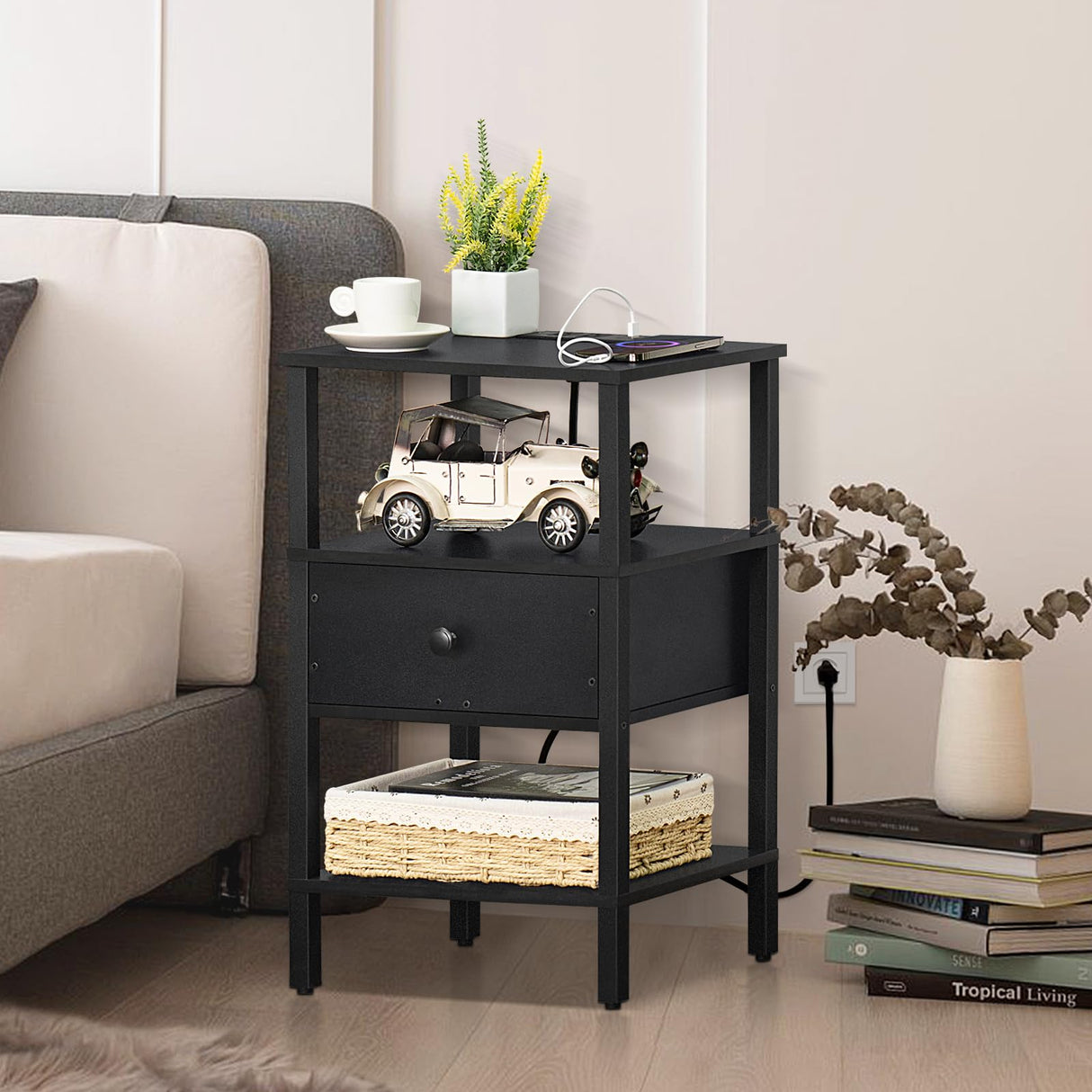 Nightstand with Charging Station and USB Ports, 3-Tier Storage End Table with Drawer Shelf