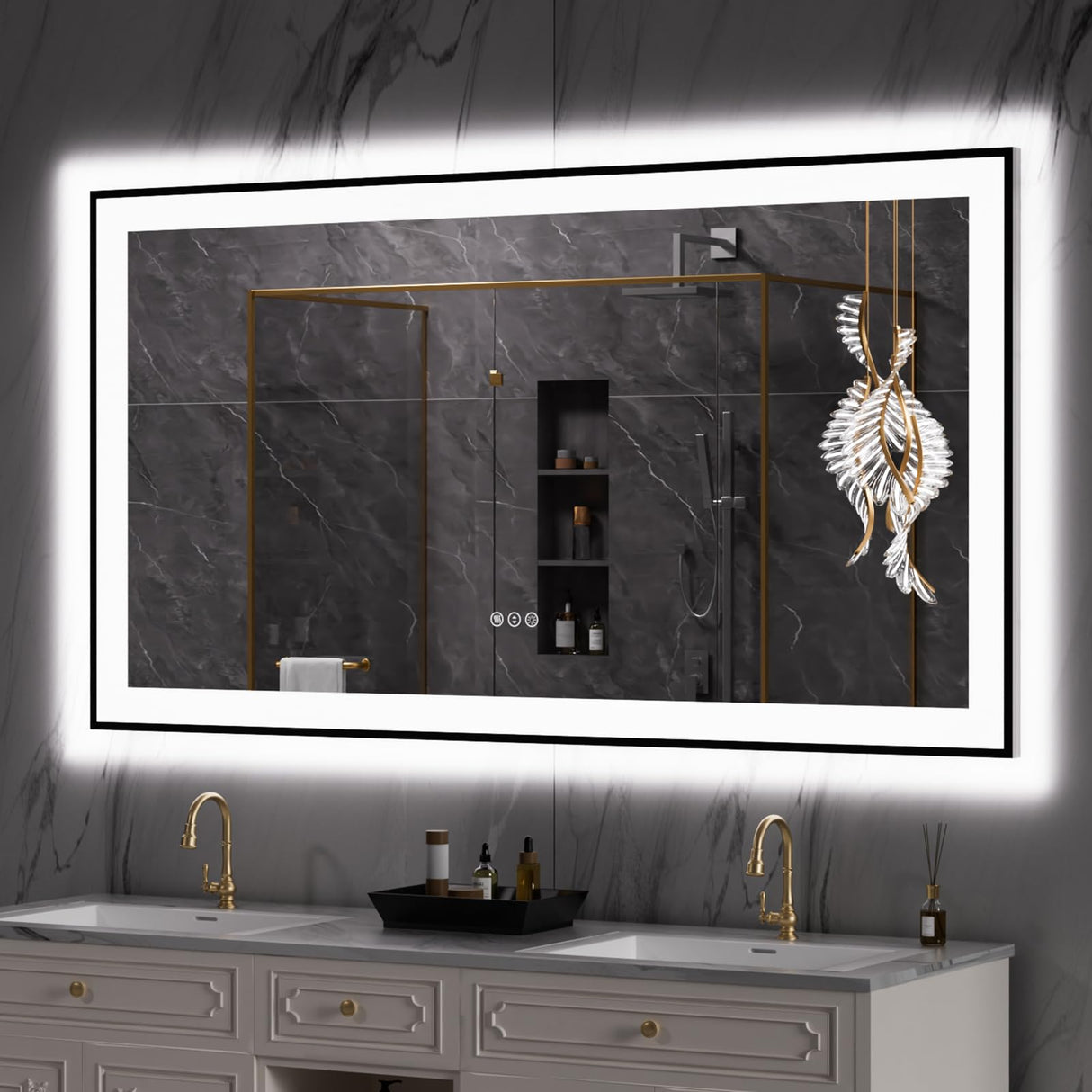 55"X30" LED Bathroom Mirror Black Framed, Anti-Fog, Dimmable, Lighted Bathroom Vanity