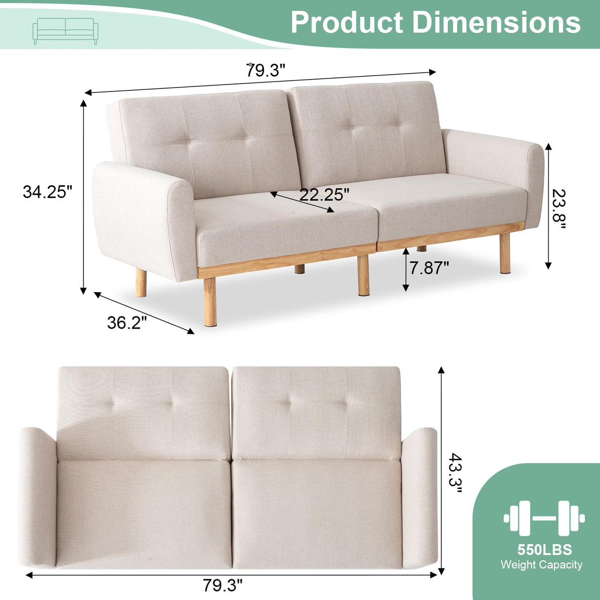 79.3" Futon Sofa Bed, Memory Foam Couches, Futon Couch with Adjustable Backrest