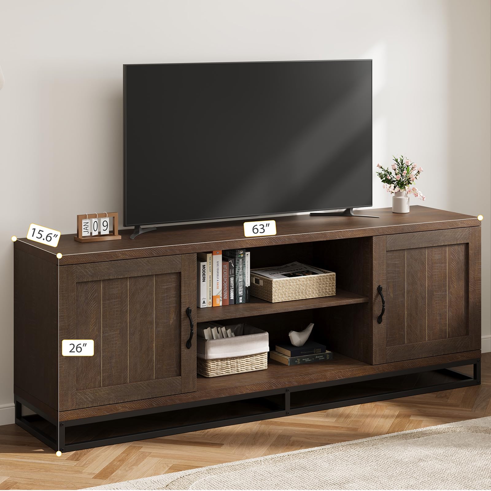 Farmhouse TV Stand for 75-Inch TVs - Walnut Entertainment Center