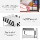 Metal Bunk Bed Frame for Kids, With Built-in Ladder, High Guardrail and Metal Slats, Floor Bed Bottom Bunk, No Boxspring Required, For Small Spaces, Full-Over-Full, Black