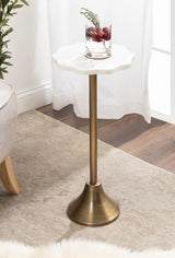 Modern Pedestal Drink Table, 10 x 10 x 23, Antique Brass and White, Decorative End Table