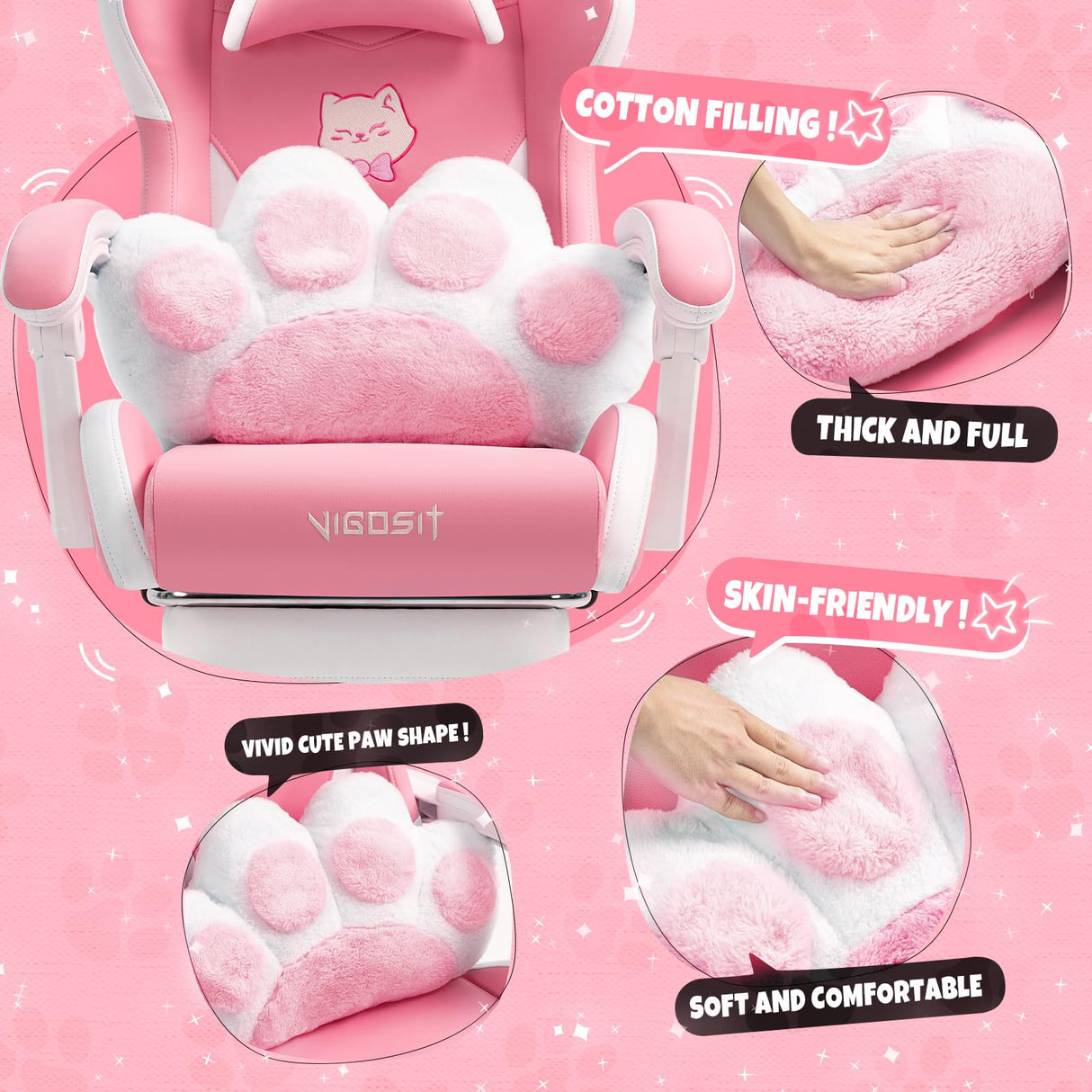 Pink Gaming Chair with Cat Paw Lumbar Cushion and Cat Ears