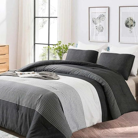 Queen Comforter Set, Grey & Black Patchwork Stripe Pattern Print Reversible Comforter