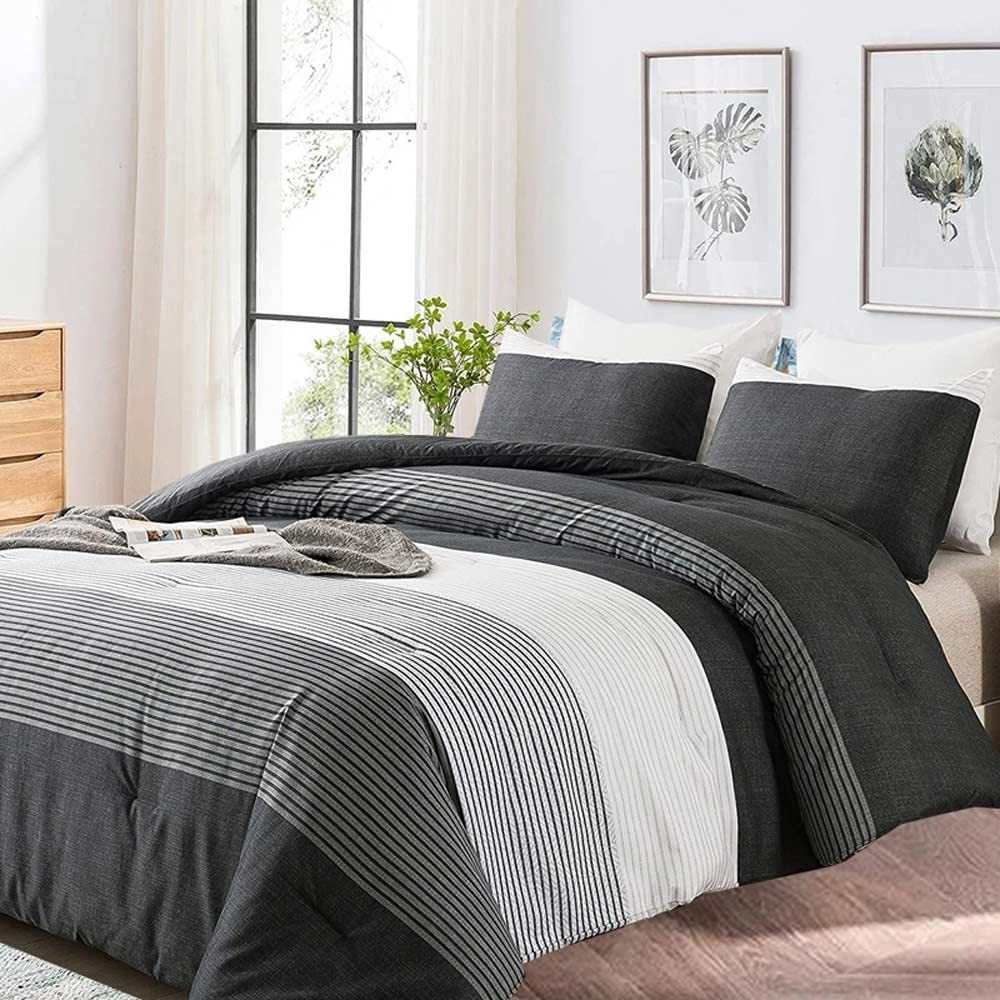 Queen Comforter Set, Grey & Black Patchwork Stripe Pattern Print Reversible Comforter