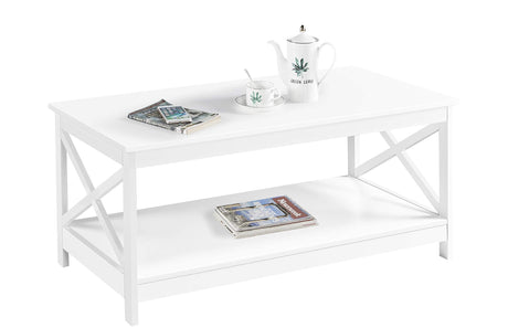 Simple X-Design Cocktail Coffee Table with Storage Shelf, Farmhouse 2-Tier Center Table