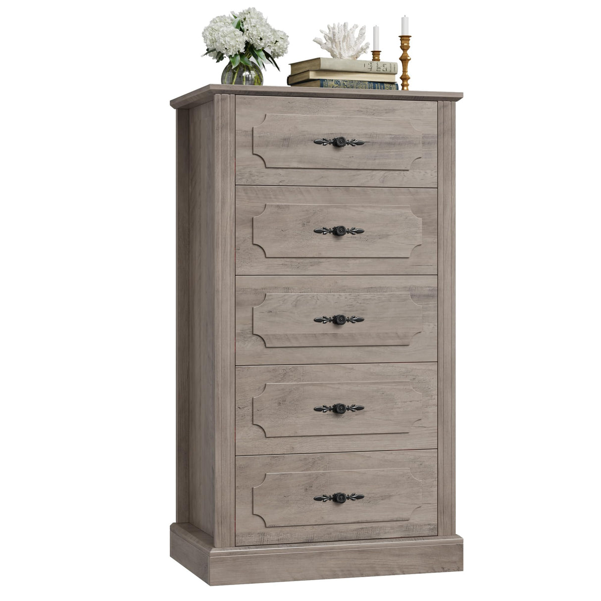 5 Drawer Grey Dresser, 43" Wood Dresser Samll Dresser Chest of Drawers with Large Storage Space,