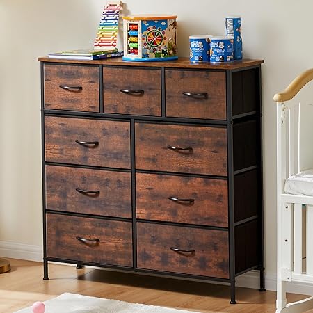 Dresser for Bedroom, Storage Tower with 9, Chest of Drawers with Fabric Bins Sturdy