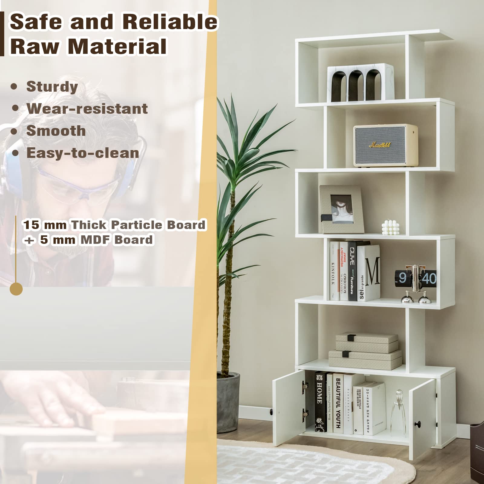 6-Tier Geometric Bookcase with Cabinet, Freestanding Display Shelves