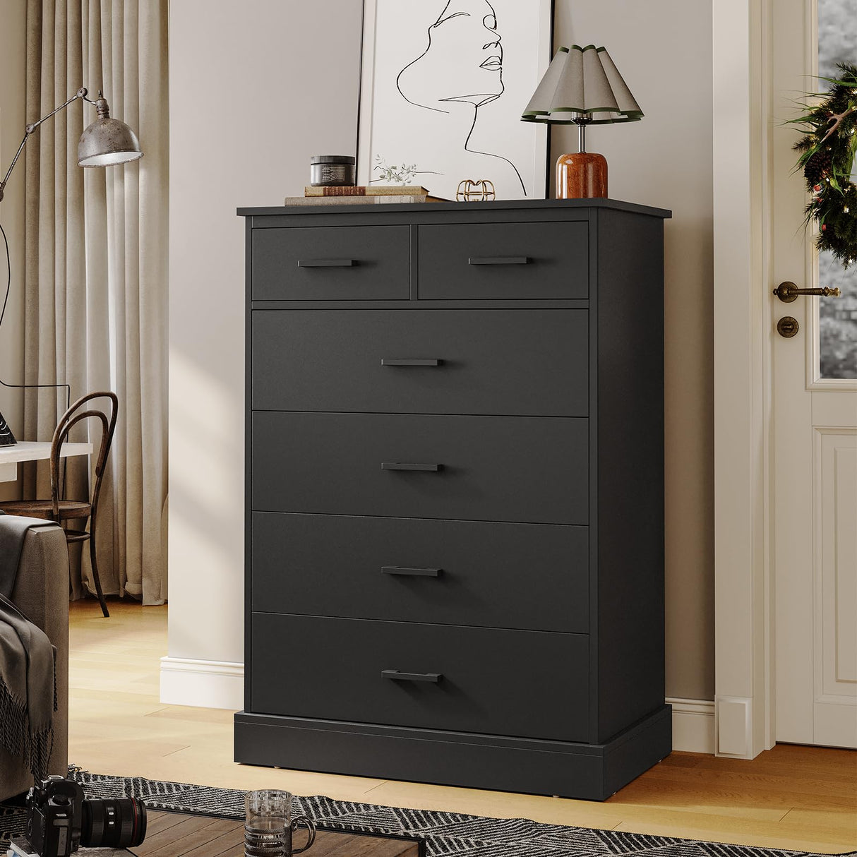 Black Dresser for Bedroom, 6 Drawers Dresser Wood Storage Tower Clothes Organizer