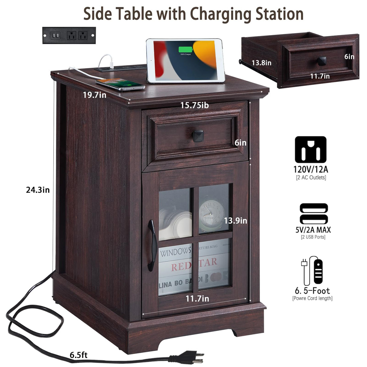 Farmhouse XXL End Table with Charging Station, Side Table with USB Ports and Outlets