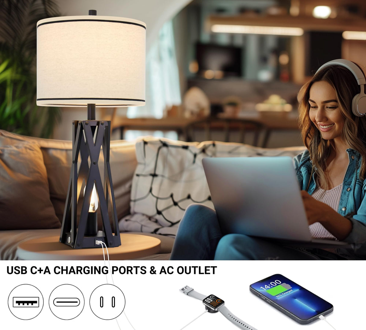 27.5" Touch Control Farmhouse Table Lamps Set of 2 with USB C+A & AC Outlet,