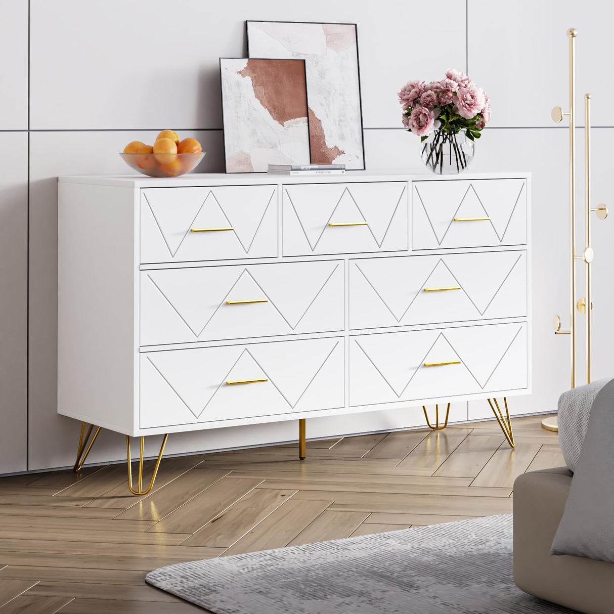 7 Drawers Dresser for Bedroom, White Dresser with Golden Legs & Handles