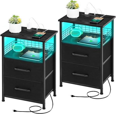 Nightstands Set of 2 with Charging Station, Night Stand with 20 Colors LED Lights and Fabric Drawer,