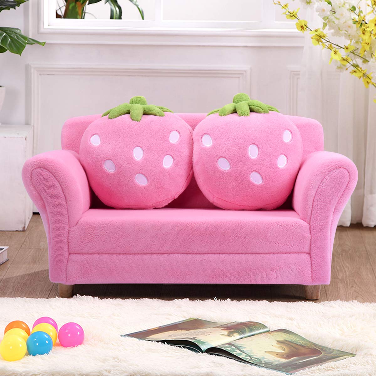 Double Seat Pink Children's Sofa with 2 Strawberry Pillows, Toddler Armrest Chair for Bedroom, Living Room, Large Soft for Kids Loveseat Toy for Baby Girls Preschool Gifts Presents