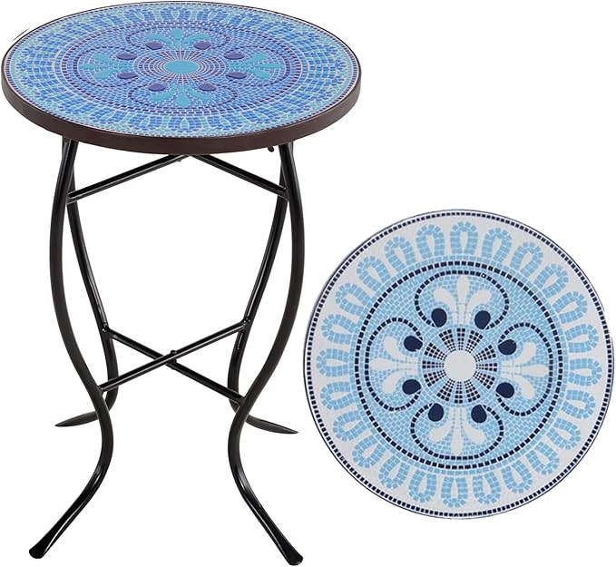 Outdoor Side Table Mosaic 14 Inch Round Accent Table Plant Stand with Concrete Tile Top