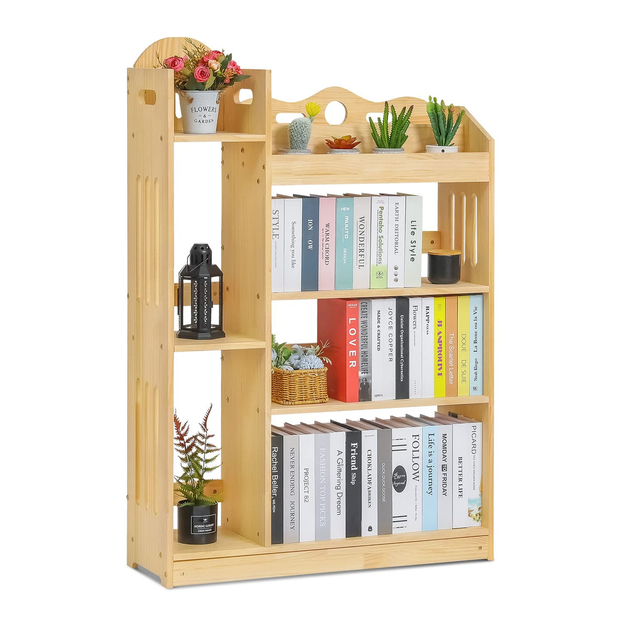 Bookshelf with Organizer, Wood Display Shelf Stand for Small Space Multifunction Storage Cabinet for Playroom, Bedroom, Natural