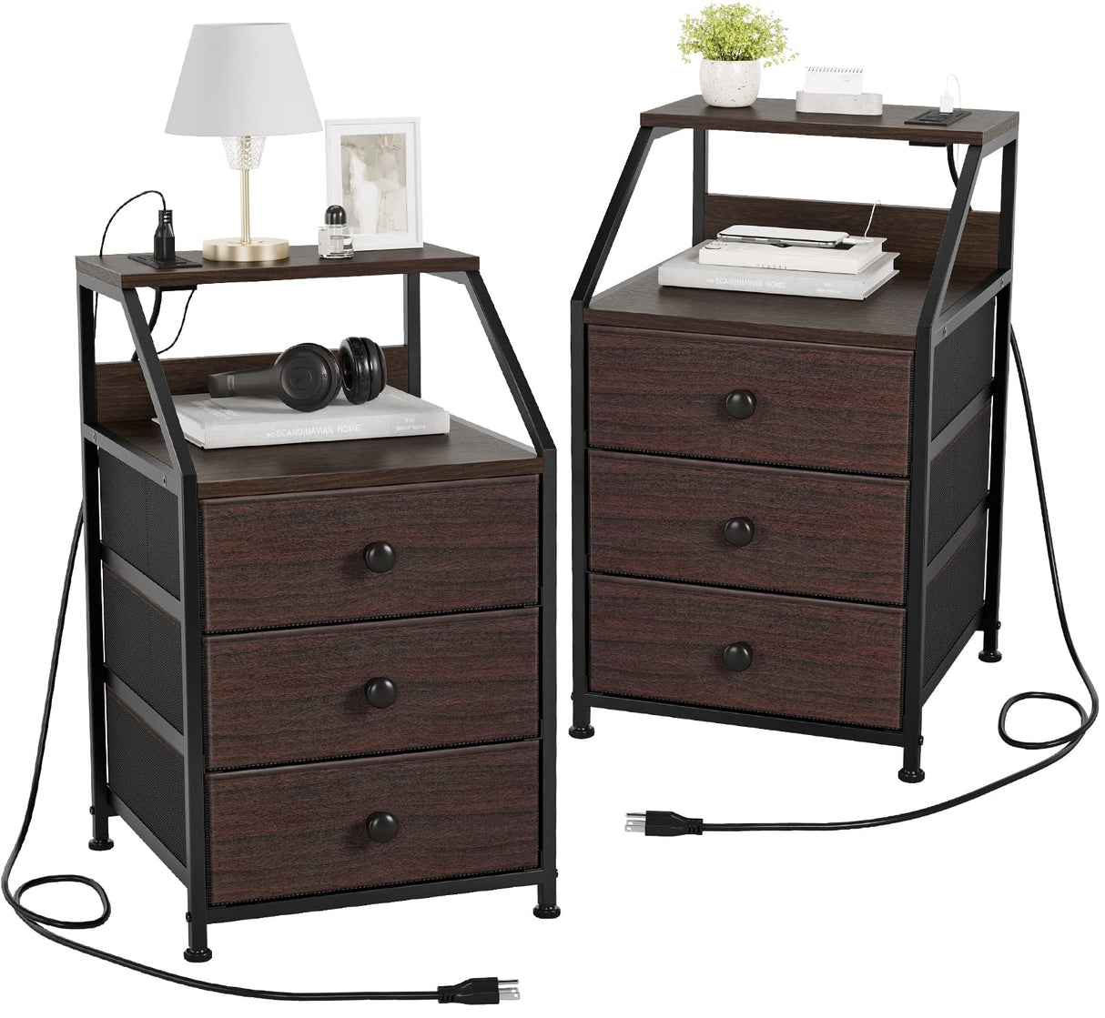 Nightstand Set of 2, Brown Night Stands with Charging Station, Bedside Tables