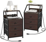 Nightstand Set of 2, Brown Night Stands with Charging Station, Bedside Tables