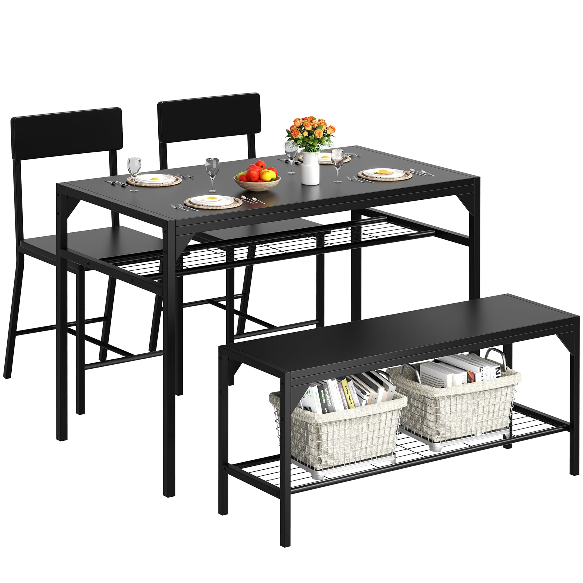 4-Piece Dining Table Set with Bench & Chairs - Black
