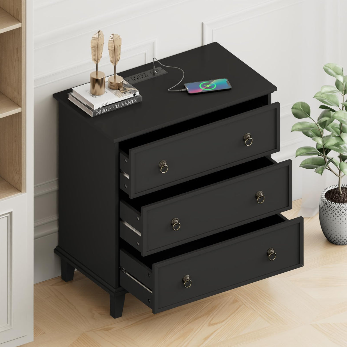 Large Black Nightstand with Charging Station, 3 Drawers Nightstand 29.8" X 27.6"