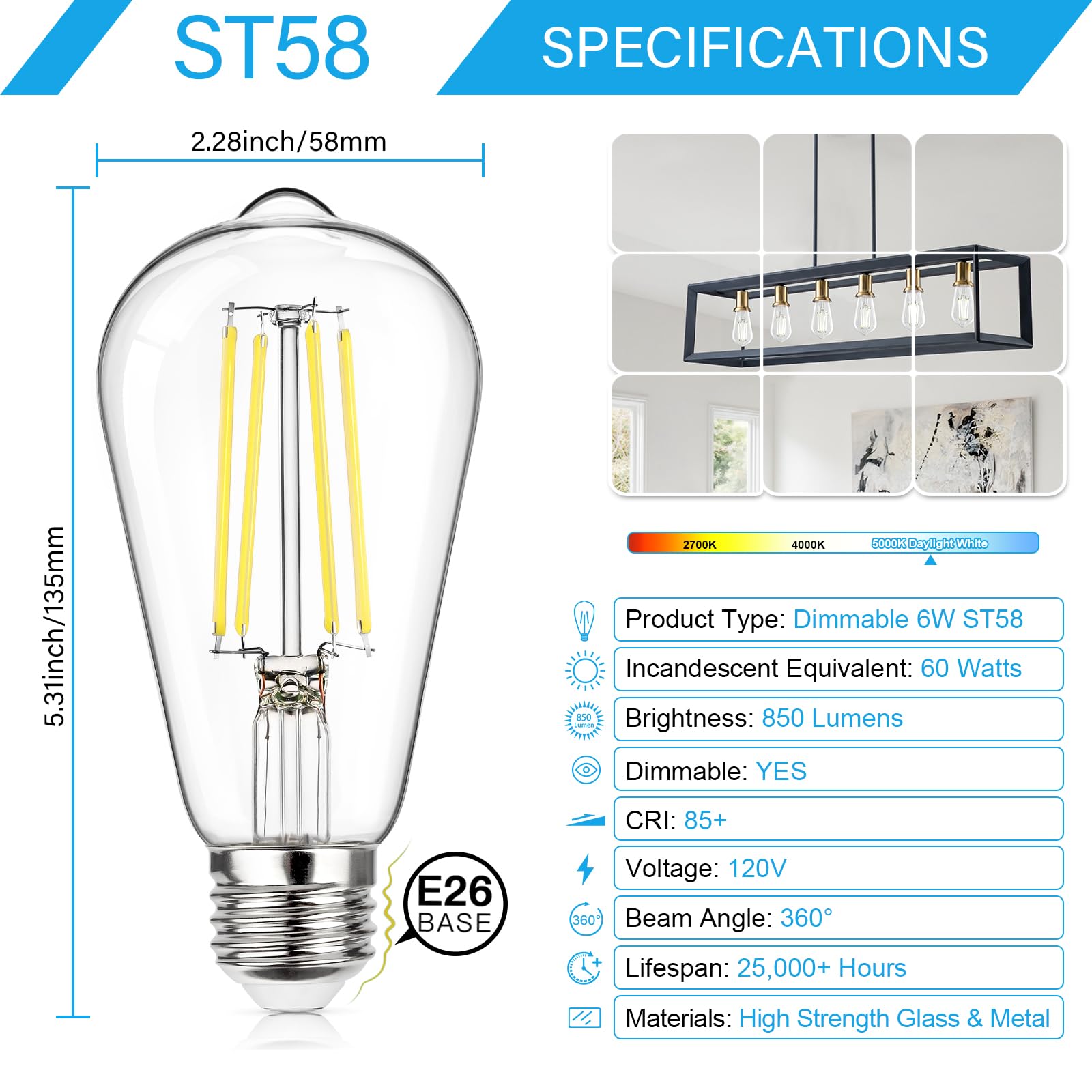 12-Pack Dimmable Vintage LED Edison Bulb 60W Equivalent, 6W 850Lumens