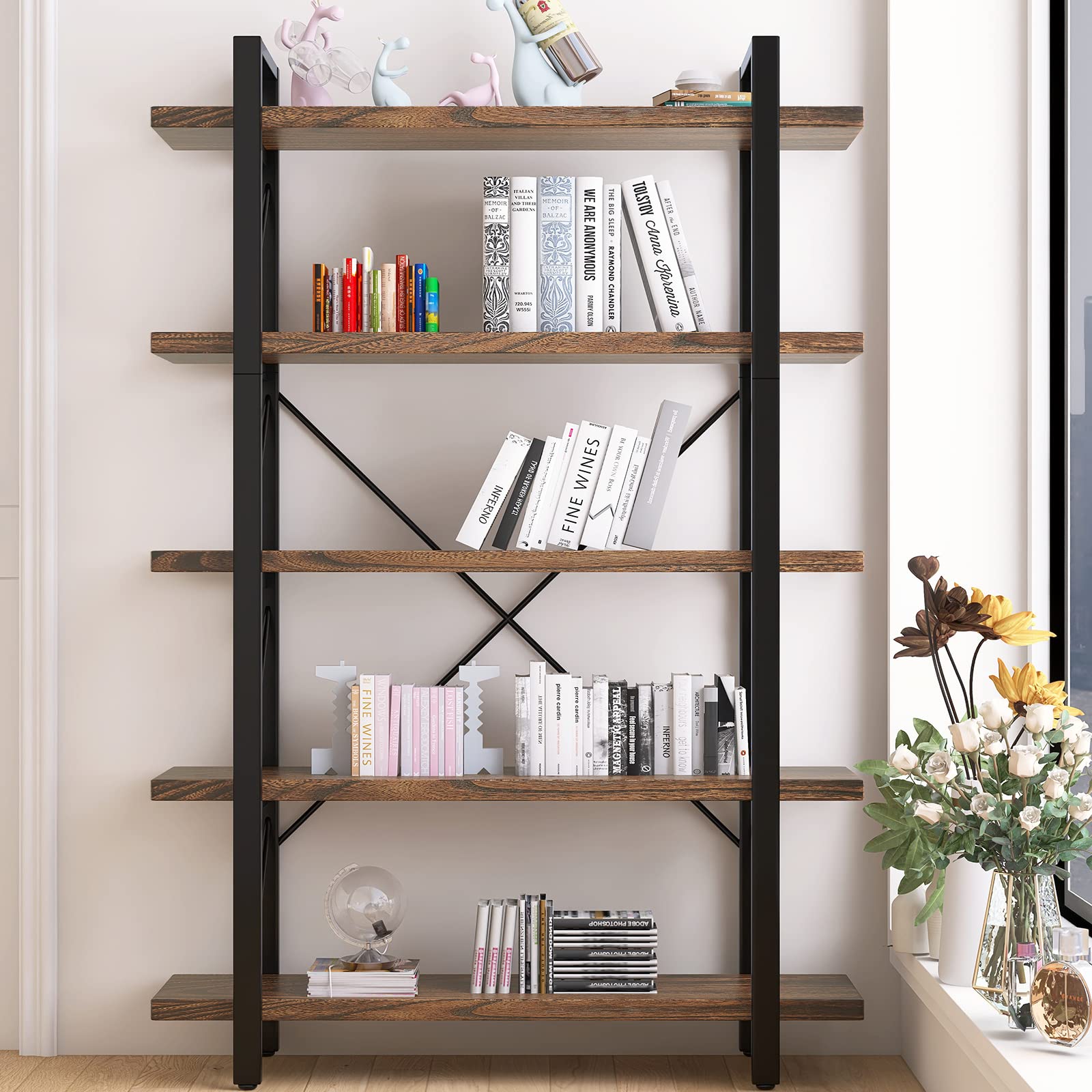 5-Tier Bookshelf Large Etagere Book Shelves,Industrial Style Bookcase and Book Shelves,Open Large Real Wood Bookshelfs,Retro Brown for Living Room Office, Retro Brown (LZ01-5tier-PLUS)
