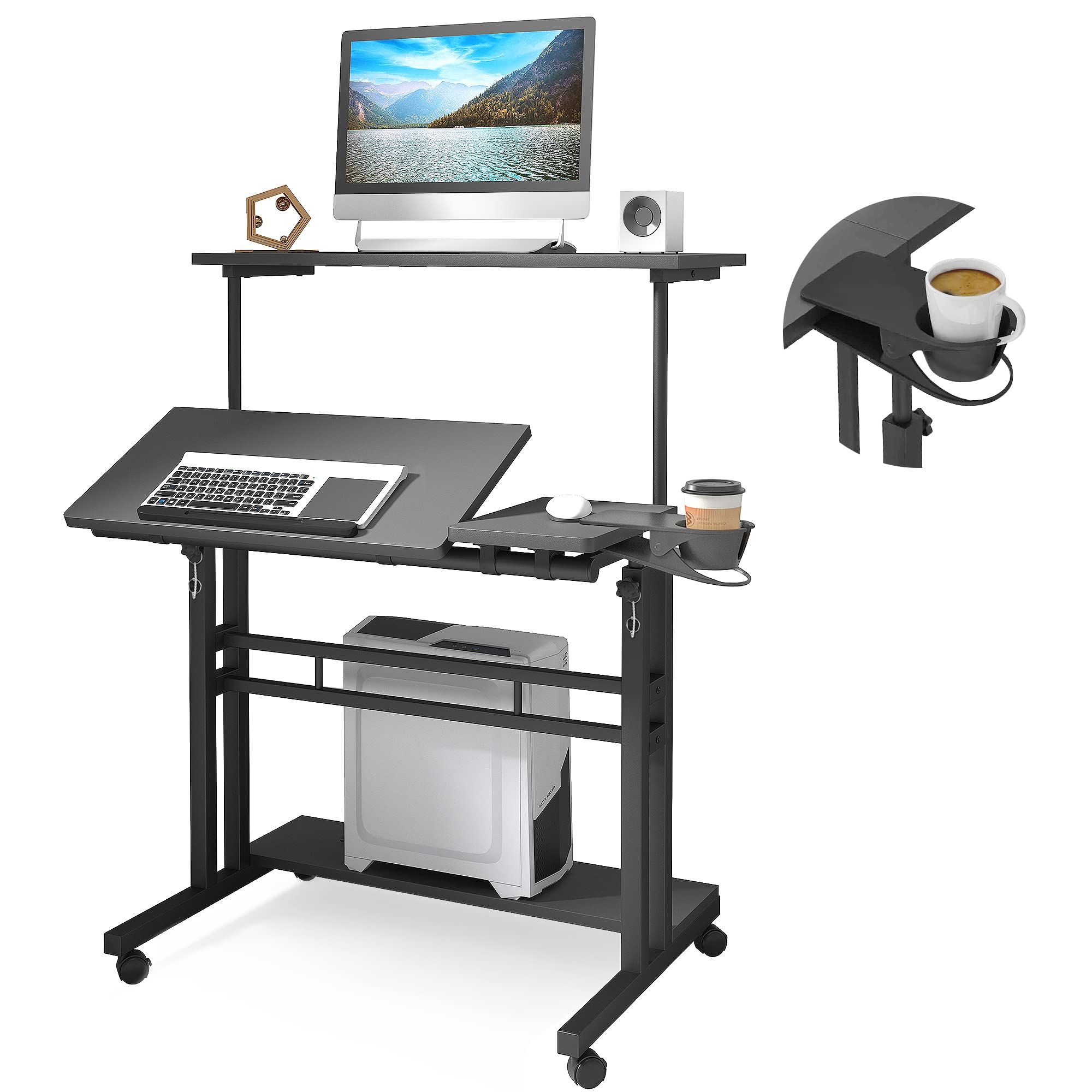 Mobile Standing Desk, Adjustable Rolling Computer Desk with 3 Desktops