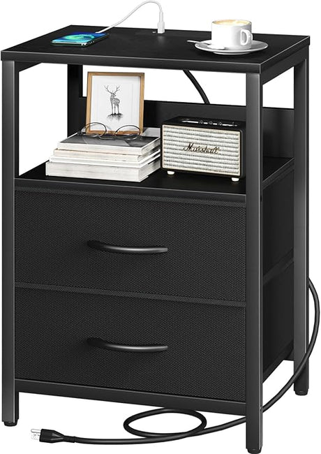 Nightstand with Charging Station, Small Night Stand with Fabric Drawers