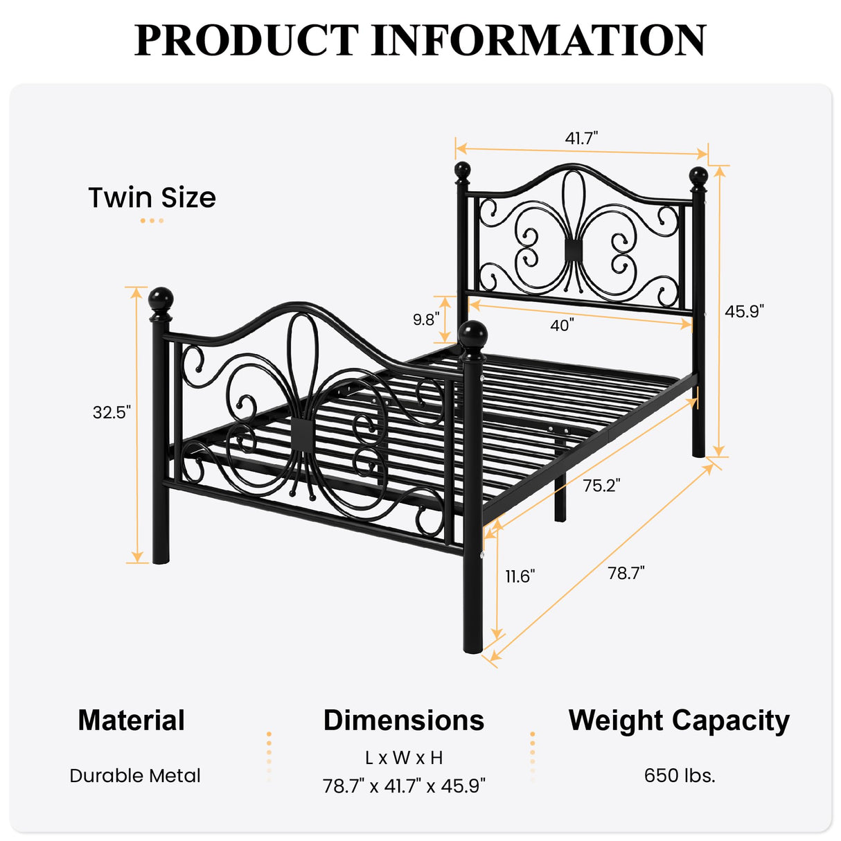 Twin Size Bed Frame for Kids,Metal Bed Frame with Butterfly Pattern Design Headboard