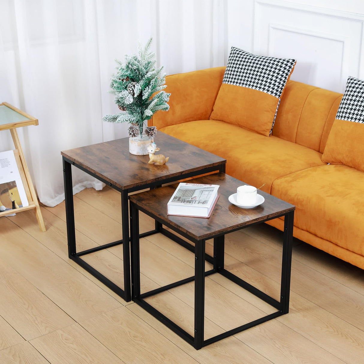 Nesting Coffee Table, 2 Sets Square Coffee Table with Wooden Tabletop and Sturdy