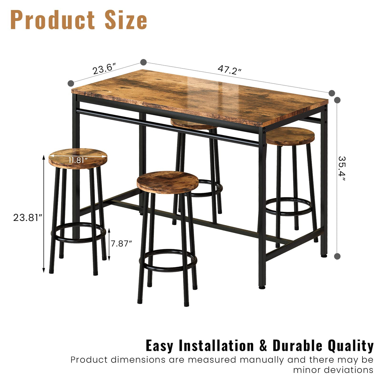 5-Piece Dining Table Set, Kitchen Table and Chairs Set for 4, Industrial Outdoor Bar Table