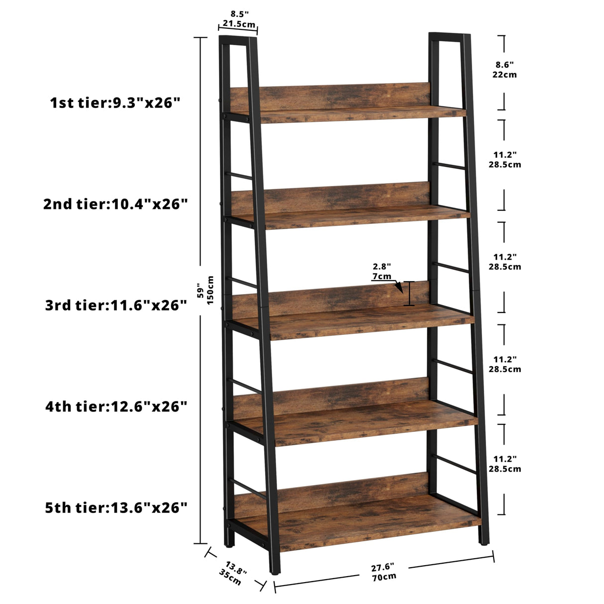 IRONCK Industrial Bookshelves and Bookcases, Ladder Shelf 5 Tiers with Metal Frame for Living Room, Home Office, Rustics Brown