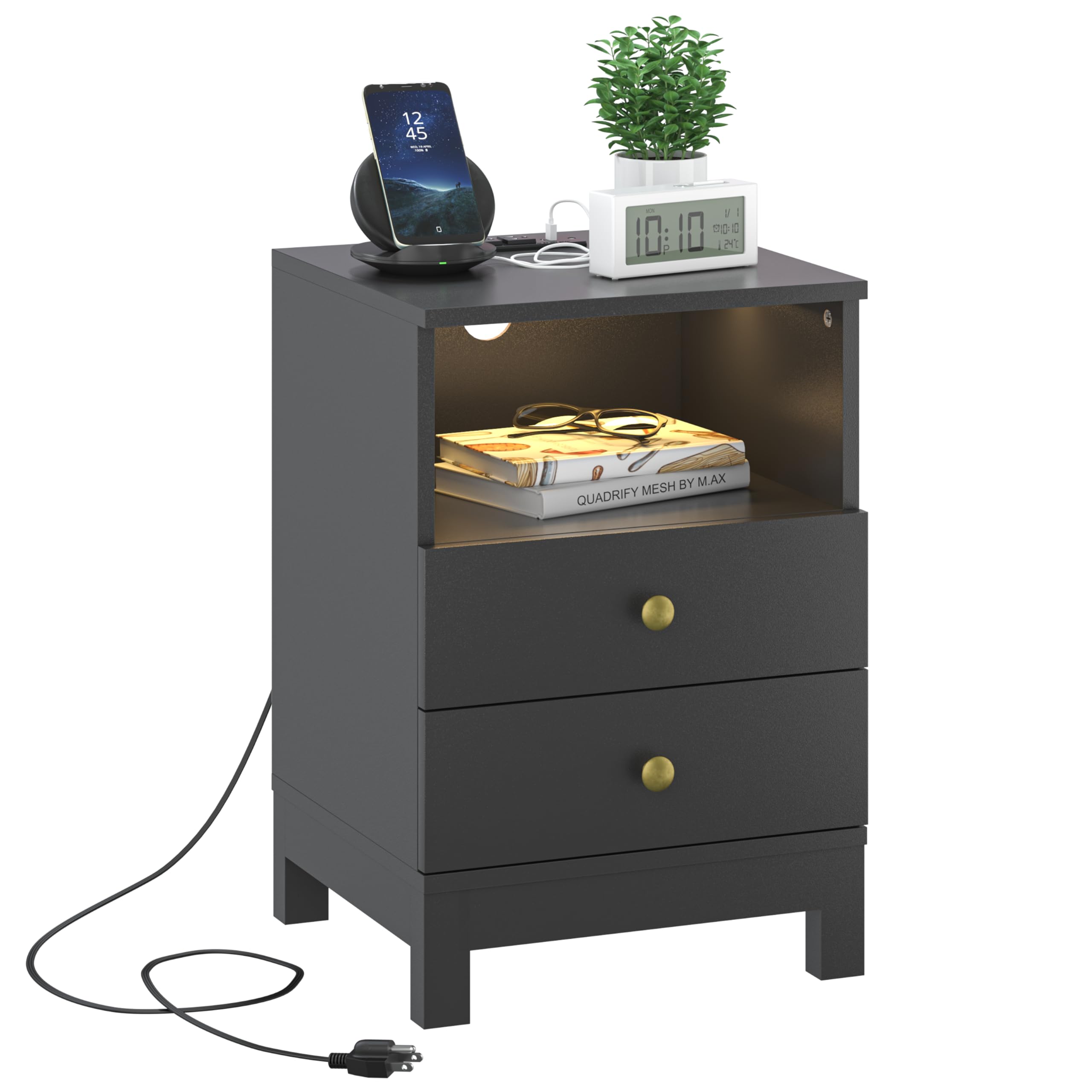 with Charging Station, Bedside Table with USB & Type-C Port, Modern End Table
