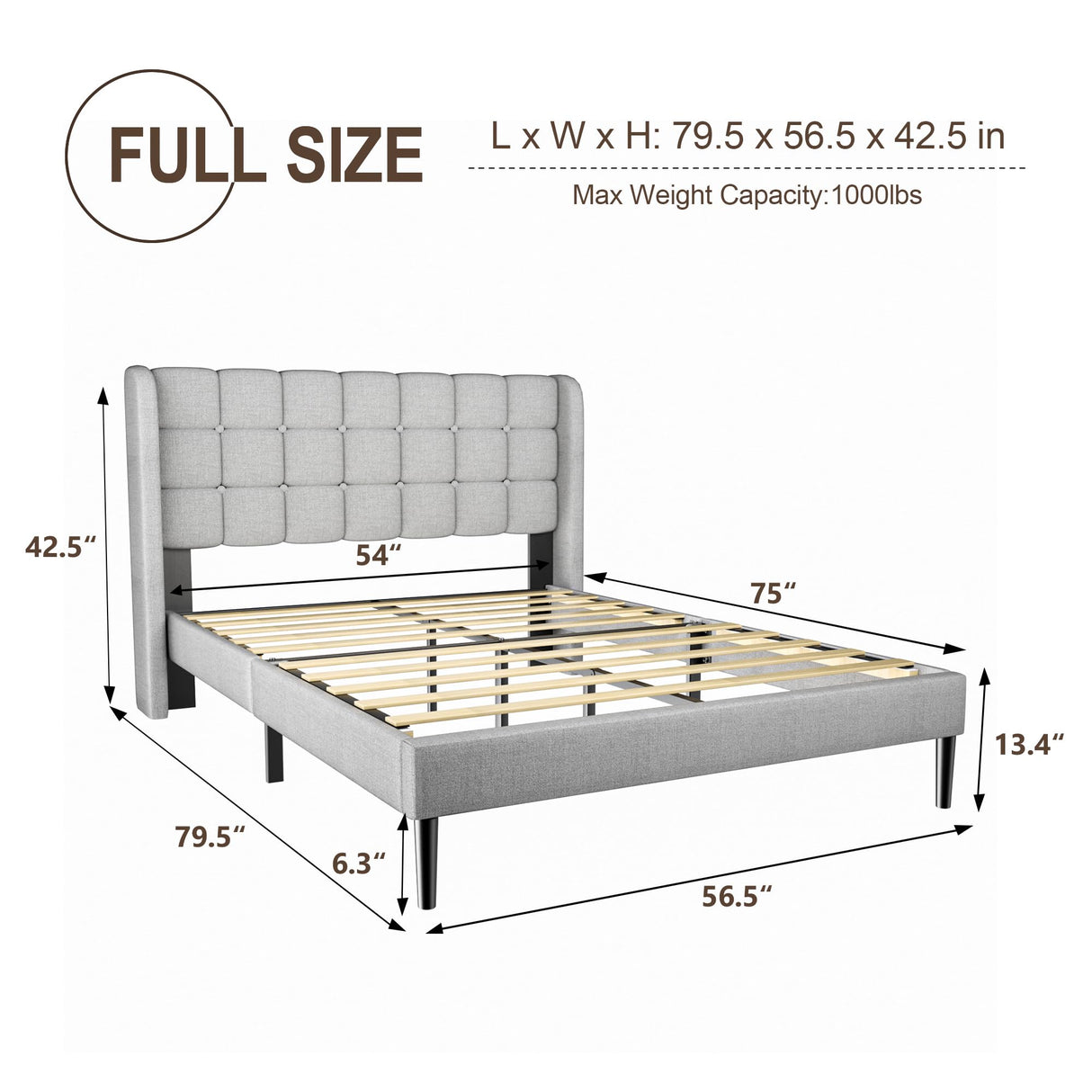 Full Size Bed Frame with Upholstered Wingback Headboard, Modern Platform Bed Frame