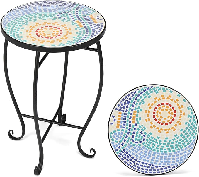 Mosaic Accent Table, 14" Round Side Table,End Table, Plant Stand Decor