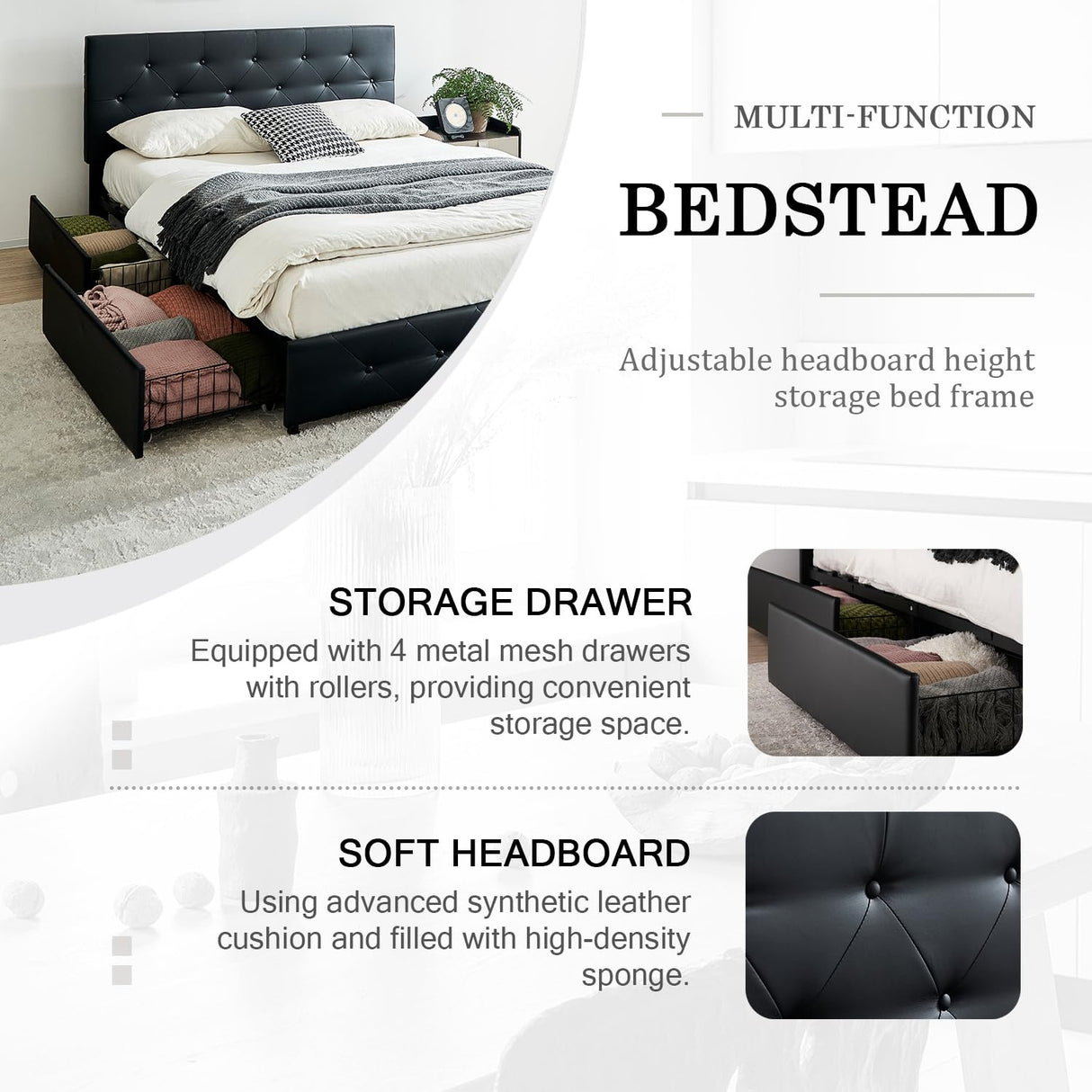 Queen Size Bed Frame with Black Leatherette Headboard, Bed Frame with 4 Storage