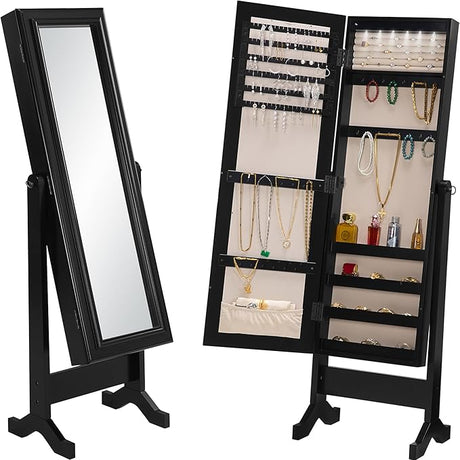 Jewelry Armoire Cabinet Standing Mirror Full Length with Jewelry Storage, LED Lights 5 Adjustable Angles Jewelry