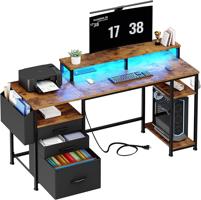 White Computer Desk with File Drawers Cabinet, 55 Inch Home Office Desk