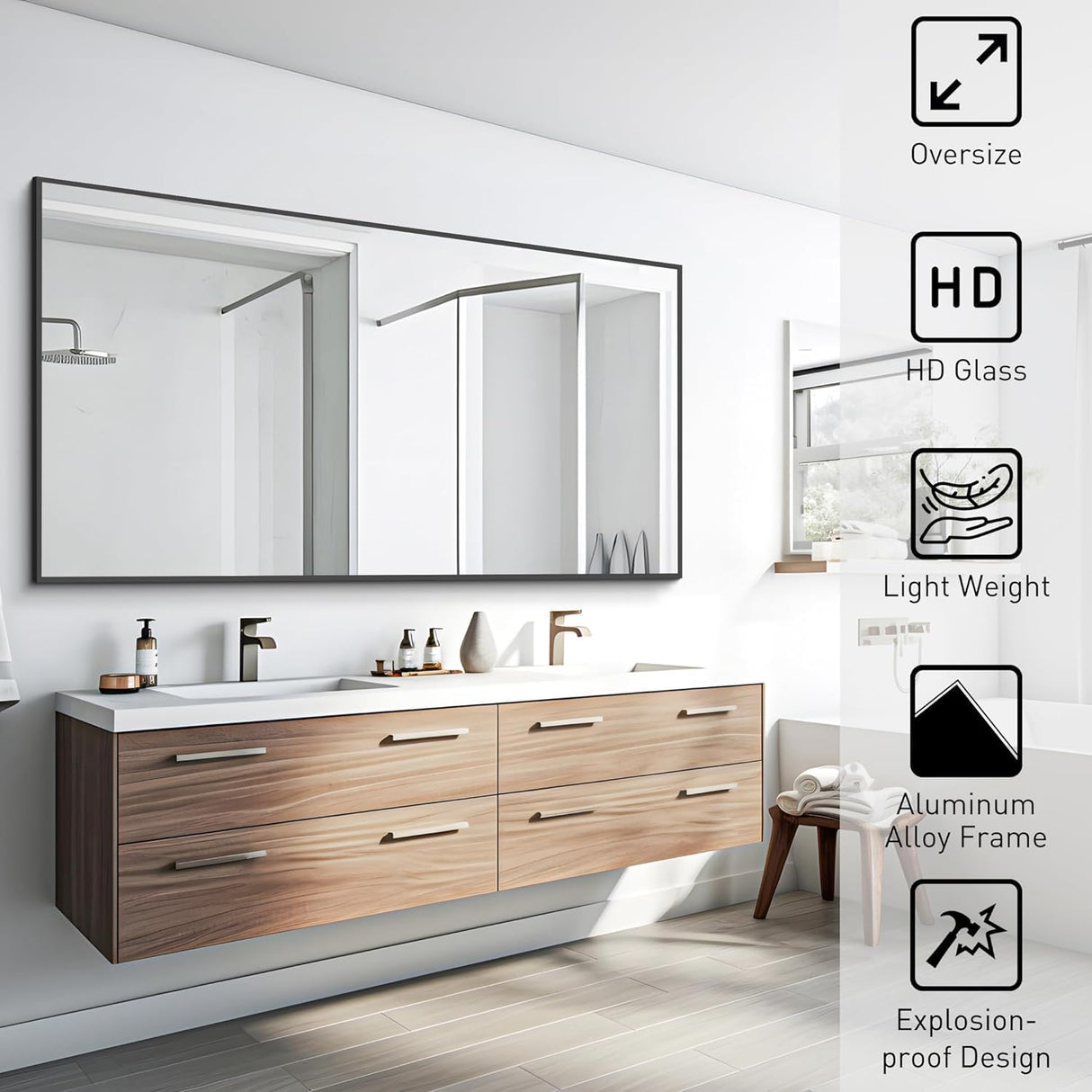 Black Bathroom Mirror for Wall, 30x50 Inch Rectangle Mirrors with Metal Frame,