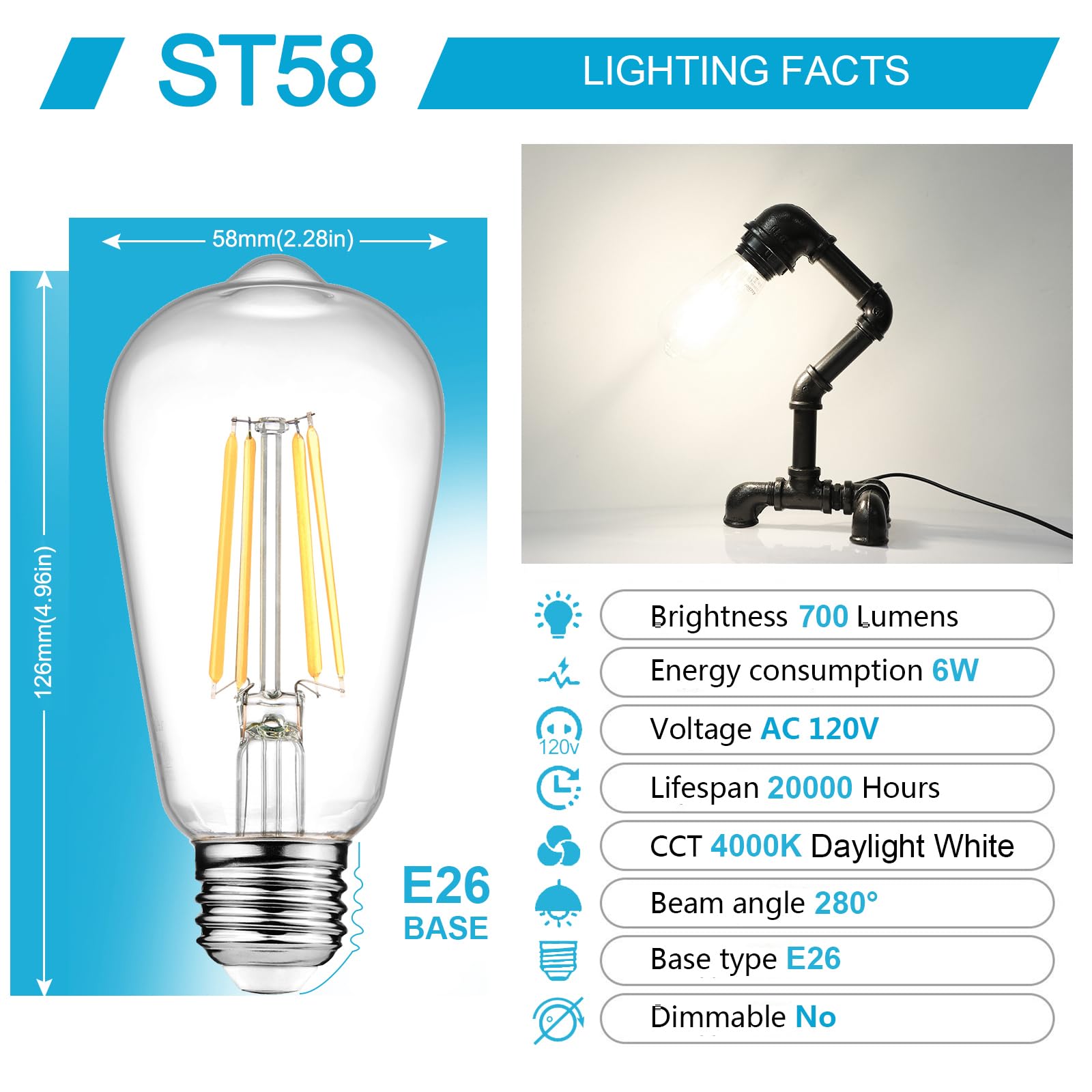 Vintage LED Edison Bulbs, 6W, Equivalent 60W, High Brightness Daylight