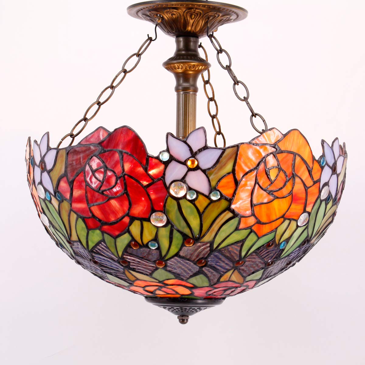 Tiffany Stained Glass Ceiling Light - Red Yellow Rose Semi Flush Mount