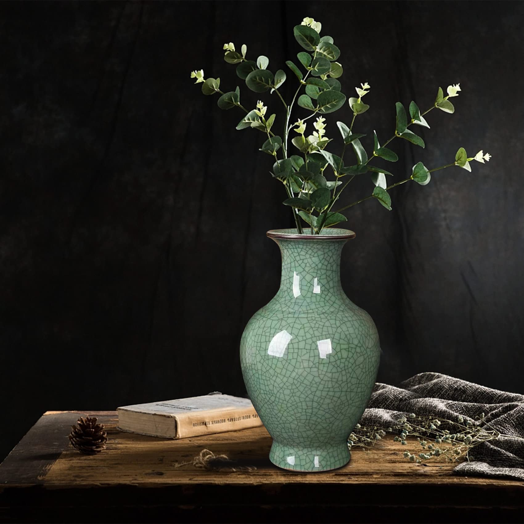 Green Ceramic Vase for Home Decor, Rustic Oriental Vases