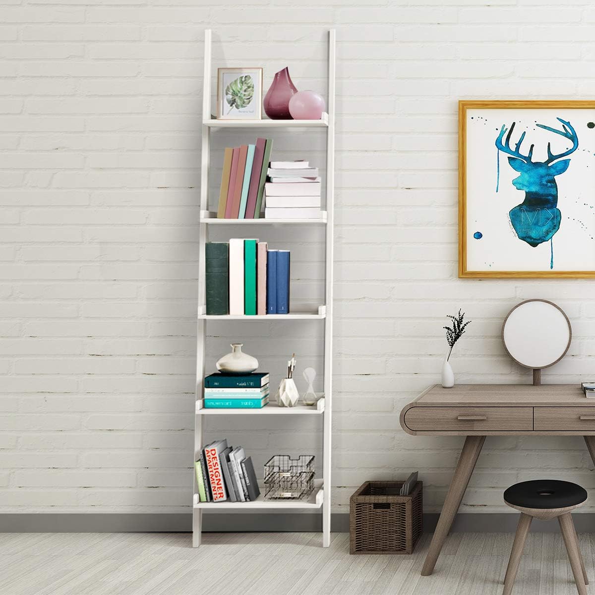 FANTASK White Ladder Shelf, Elegant 5-Tier Leaning Bookshelf, Wood Plant Flower Stand, Stable Storage Rack Shelves for Living Room, Office, Kitchen, Home