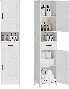 67" H Tall Bathroom Storage Cabinet with 2 Barn Doors and 1 Drawer, Narrow Storage Unit