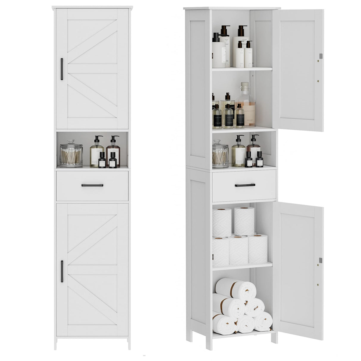 67" H Tall Bathroom Storage Cabinet with 2 Barn Doors and 1 Drawer, Narrow Storage Unit